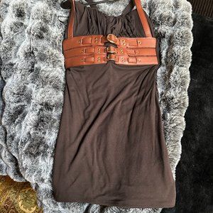 Brown SKY Brand Leather Bustier Corset Mini Dress Tunic XS